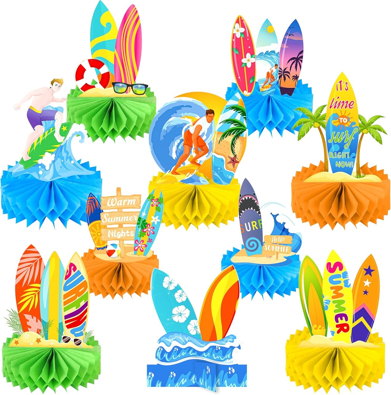 Beach Surfboard Theme Honeycomb Centerpieces Summer Surfing Party Table Decoration Surfboard Party Table Centerpieces for Summer Hawaii Surf Beach Birthday Party Supplies